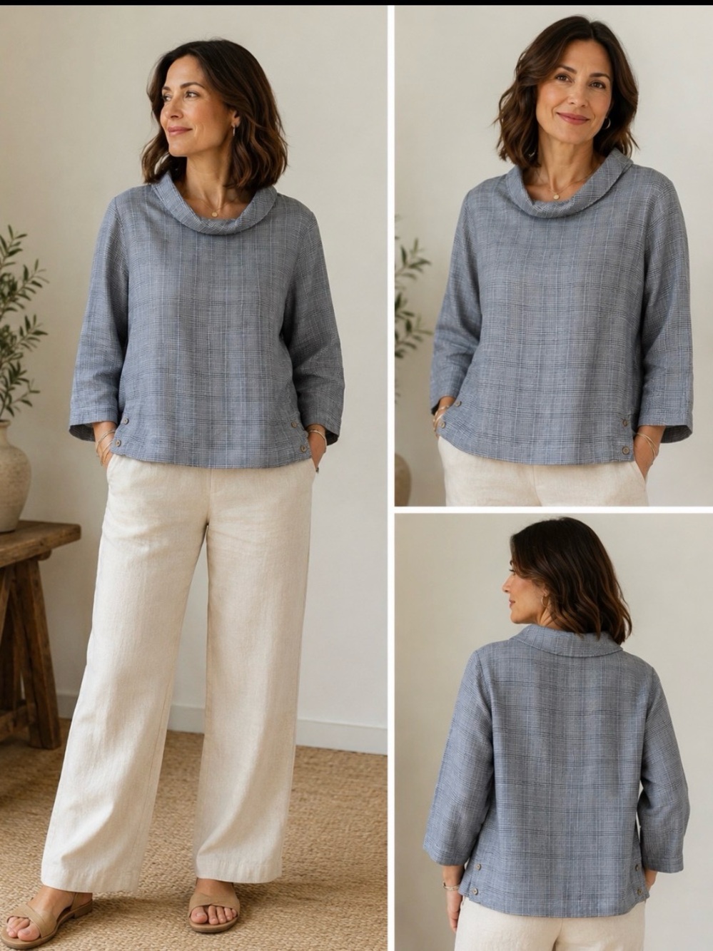 Relaxed Plaid Mock Neck Women’s Blouse - Light Blue. PW2